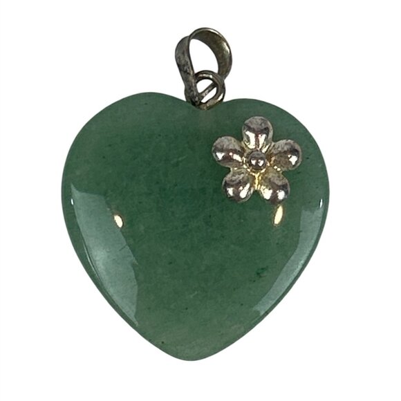 Green Aventurine Heart Pendant With Silver Flower Accent - Picture 1 of 6